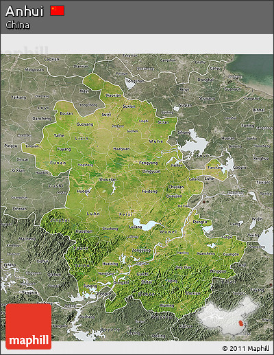 Satellite 3D Map of Anhui, semi-desaturated