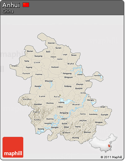 Shaded Relief 3D Map of Anhui, cropped outside