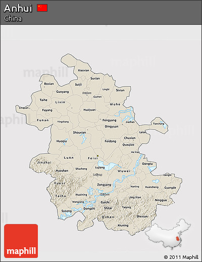 Shaded Relief 3D Map of Anhui, cropped outside