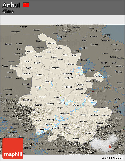 Shaded Relief 3D Map of Anhui, darken