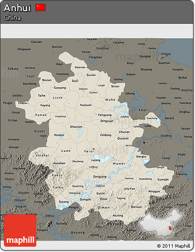 Shaded Relief 3D Map of Anhui, darken