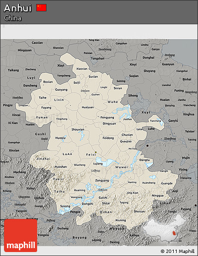 Shaded Relief 3D Map of Anhui, darken, semi-desaturated