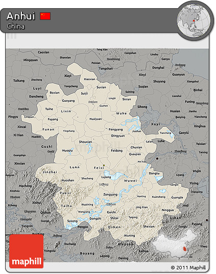 Shaded Relief 3D Map of Anhui, darken, semi-desaturated