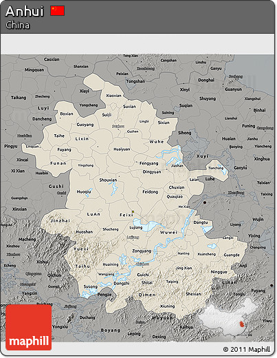 Shaded Relief 3D Map of Anhui, darken, semi-desaturated