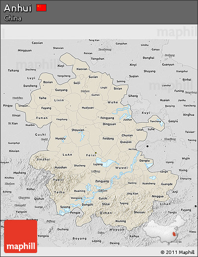 Shaded Relief 3D Map of Anhui, desaturated
