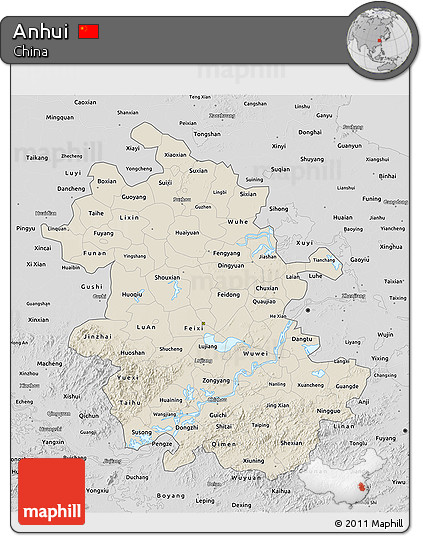 Shaded Relief 3D Map of Anhui, desaturated