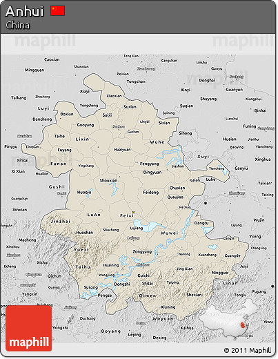 Shaded Relief 3D Map of Anhui, desaturated
