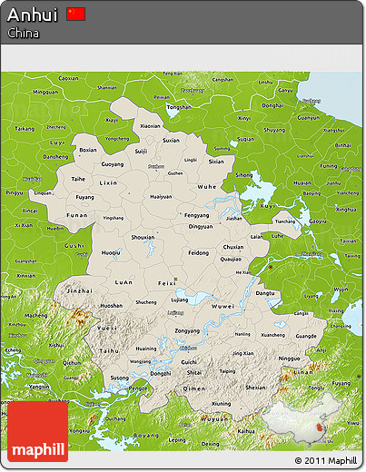 Shaded Relief 3D Map of Anhui, physical outside