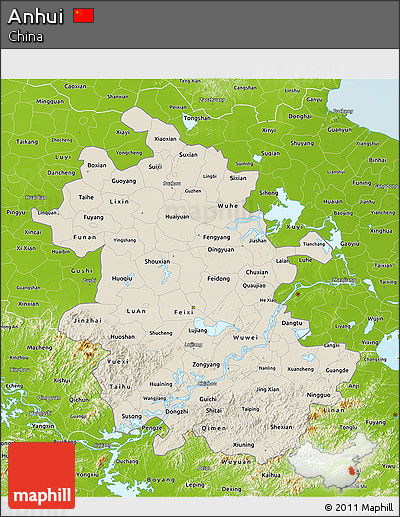 Shaded Relief 3D Map of Anhui, physical outside