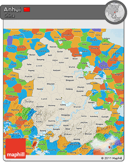 Shaded Relief 3D Map of Anhui, political outside