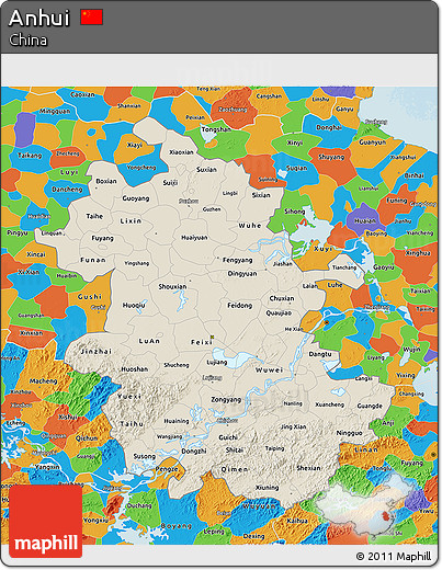 Shaded Relief 3D Map of Anhui, political outside
