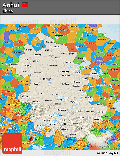 Shaded Relief 3D Map of Anhui, political outside