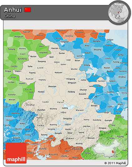 Shaded Relief 3D Map of Anhui, political shades outside