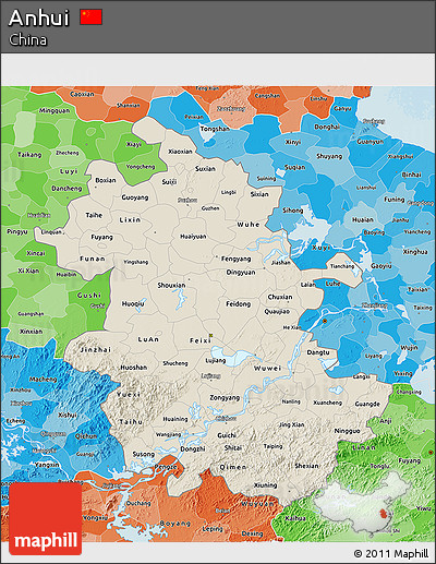 Shaded Relief 3D Map of Anhui, political shades outside