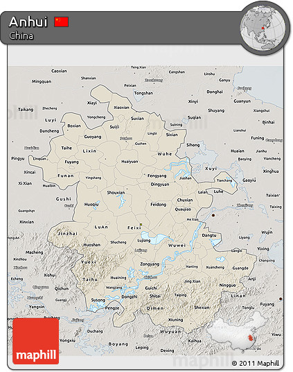Shaded Relief 3D Map of Anhui, semi-desaturated