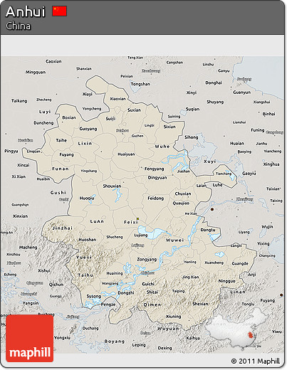 Shaded Relief 3D Map of Anhui, semi-desaturated