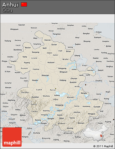 Shaded Relief 3D Map of Anhui, semi-desaturated