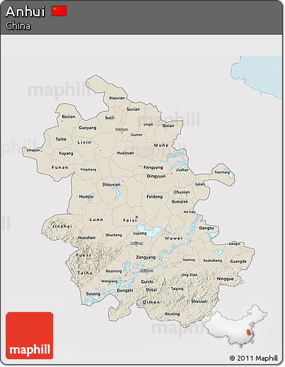 Shaded Relief 3D Map of Anhui, single color outside