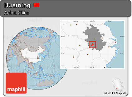 Gray Location Map of Huaining, highlighted country, highlighted parent region, hill shading