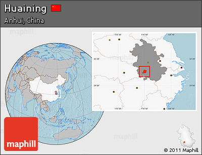 Gray Location Map of Huaining, highlighted country, highlighted parent region, hill shading