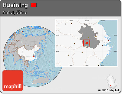Gray Location Map of Huaining, highlighted country, highlighted parent region, hill shading