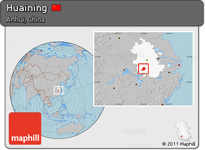 Gray Location Map of Huaining, highlighted parent region, hill shading