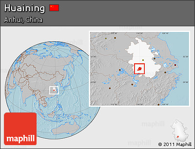 Gray Location Map of Huaining, highlighted parent region, hill shading