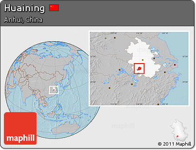 Gray Location Map of Huaining, highlighted parent region, hill shading