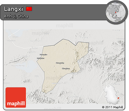 Shaded Relief 3D Map of Langxi, lighten, semi-desaturated