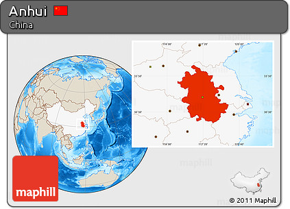 Shaded Relief Location Map of Anhui, highlighted country