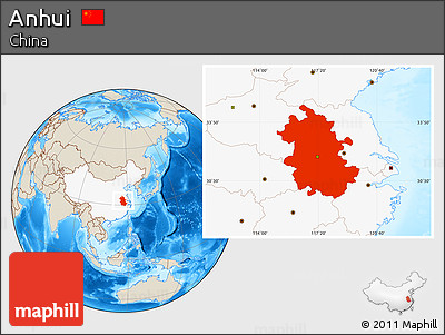 Shaded Relief Location Map of Anhui, highlighted country