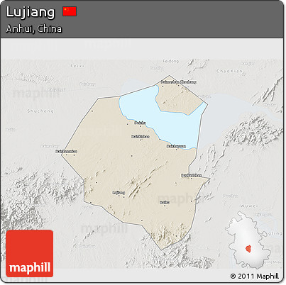 Shaded Relief 3D Map of Lujiang, lighten, semi-desaturated