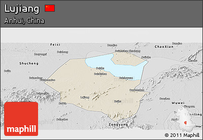 Shaded Relief Panoramic Map of Lujiang, desaturated