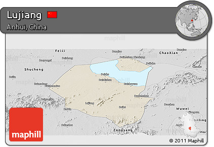 Shaded Relief Panoramic Map of Lujiang, desaturated