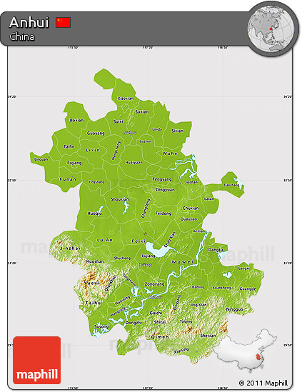 Physical Map of Anhui, cropped outside