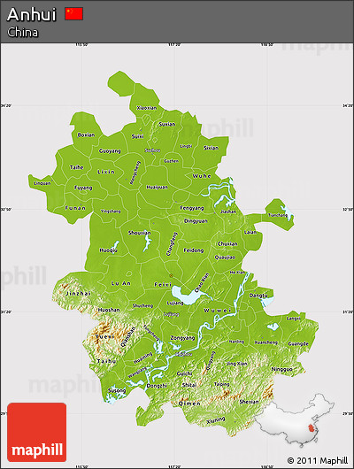 Physical Map of Anhui, cropped outside