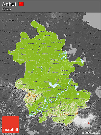 Physical Map of Anhui, darken, desaturated