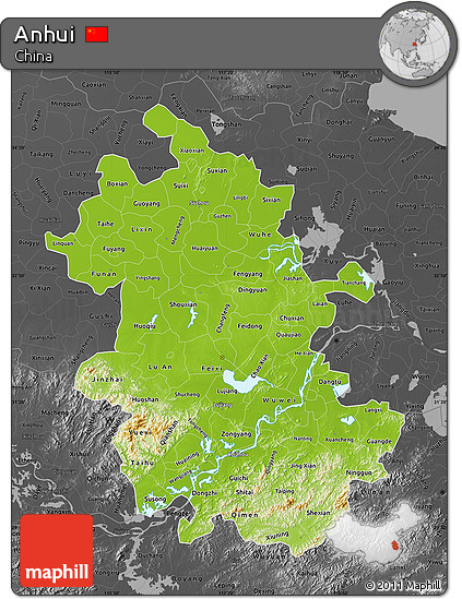 Physical Map of Anhui, darken, desaturated