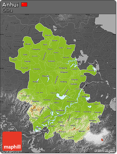 Physical Map of Anhui, darken, desaturated