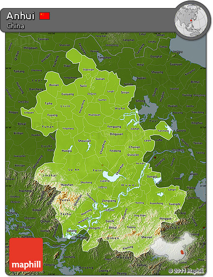 Physical Map of Anhui, darken