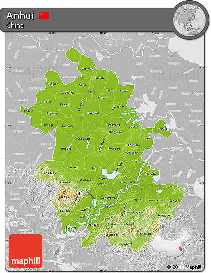 Physical Map of Anhui, lighten, desaturated