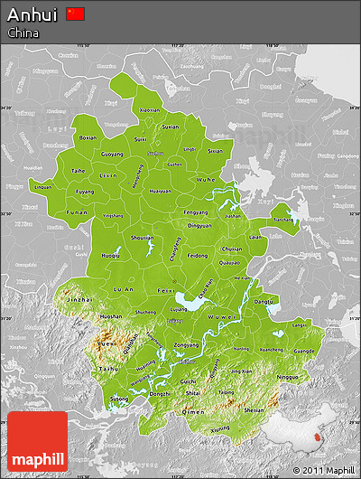 Physical Map of Anhui, lighten, desaturated