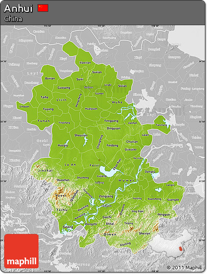 Physical Map of Anhui, lighten, desaturated