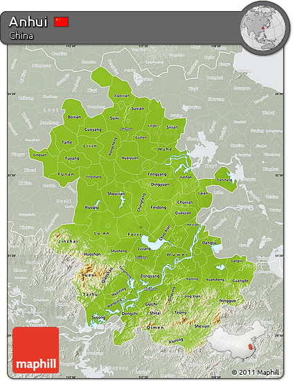 Physical Map of Anhui, lighten, semi-desaturated