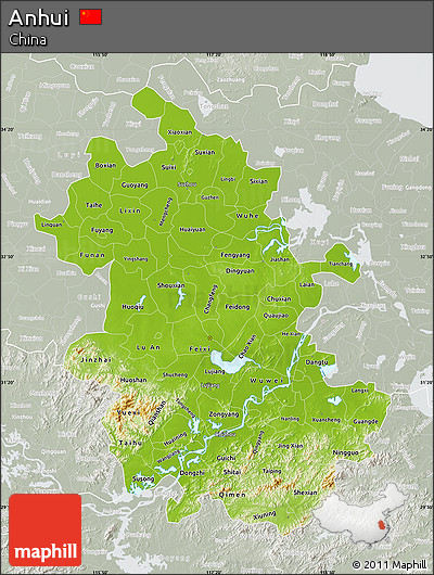 Physical Map of Anhui, lighten, semi-desaturated