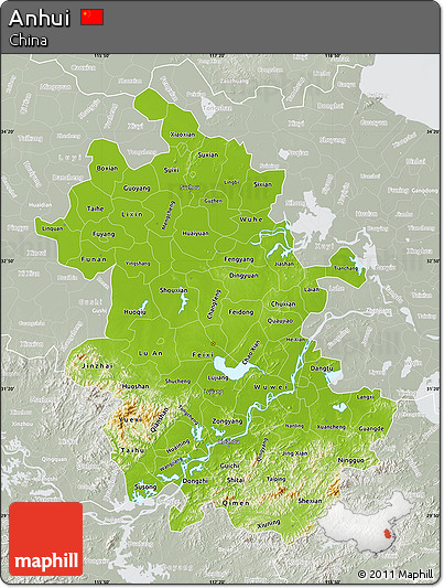 Physical Map of Anhui, lighten, semi-desaturated