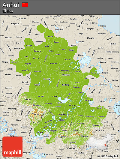 Physical Map of Anhui, shaded relief outside