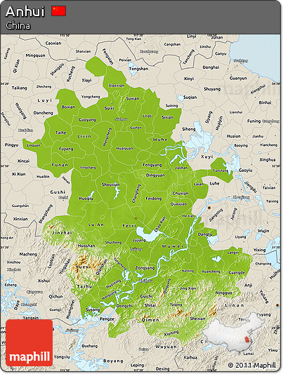 Physical Map of Anhui, shaded relief outside