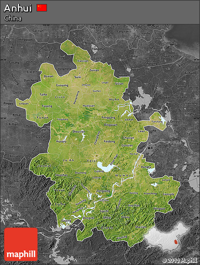 Satellite Map of Anhui, darken, desaturated