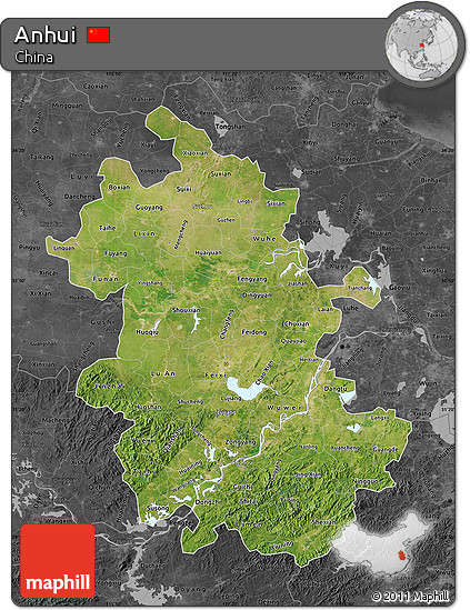 Satellite Map of Anhui, darken, desaturated